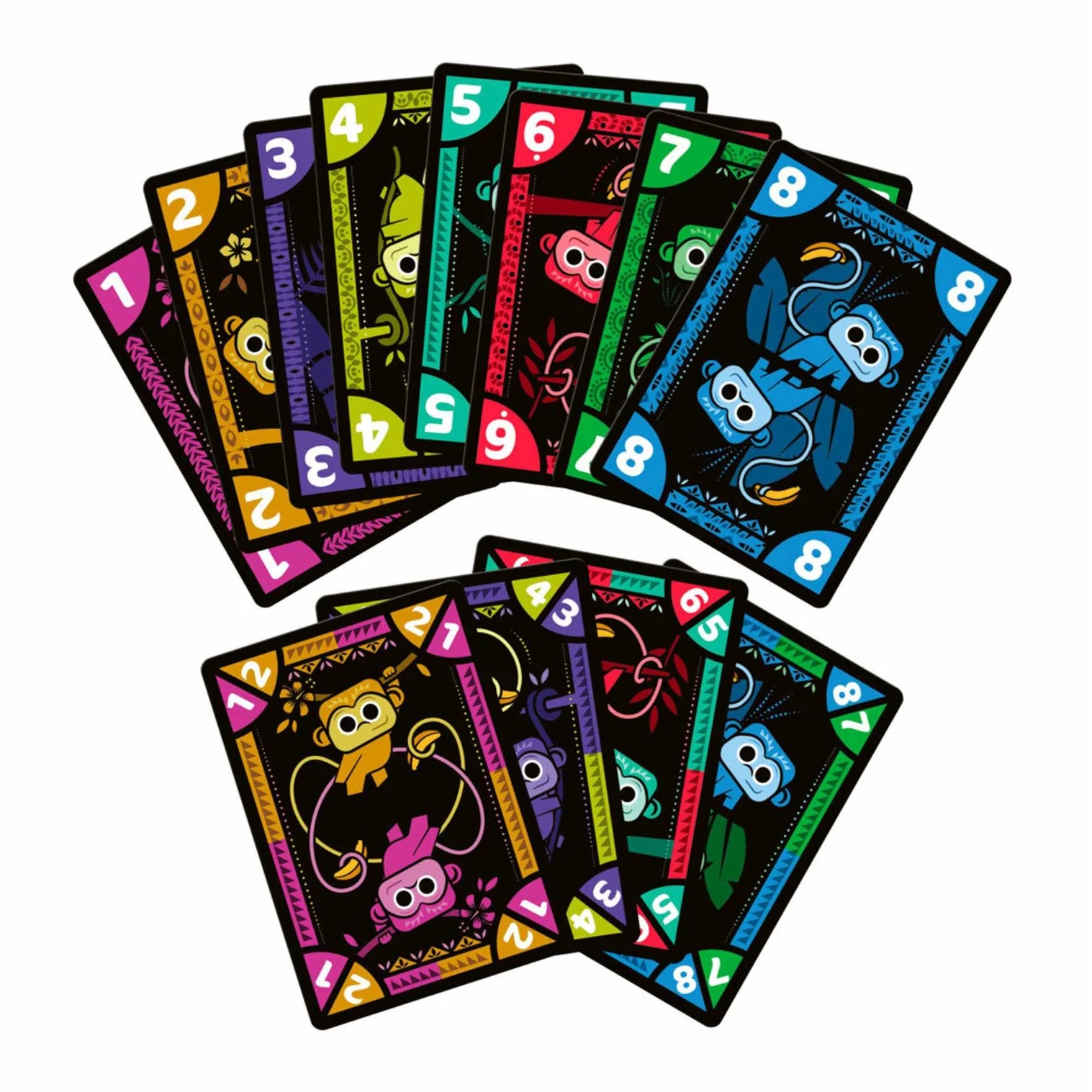 Set of colorful playing cards with cartoonish designs on a white background