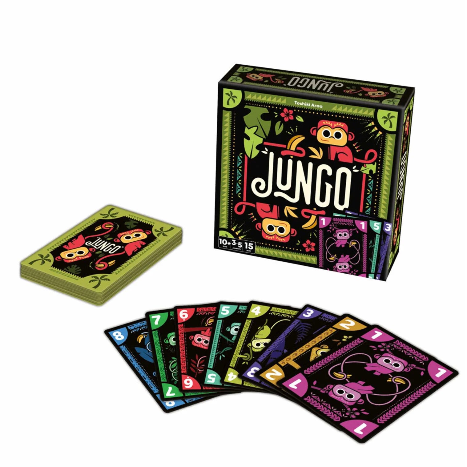 Jungo card game packaging with cards displayed on a white background