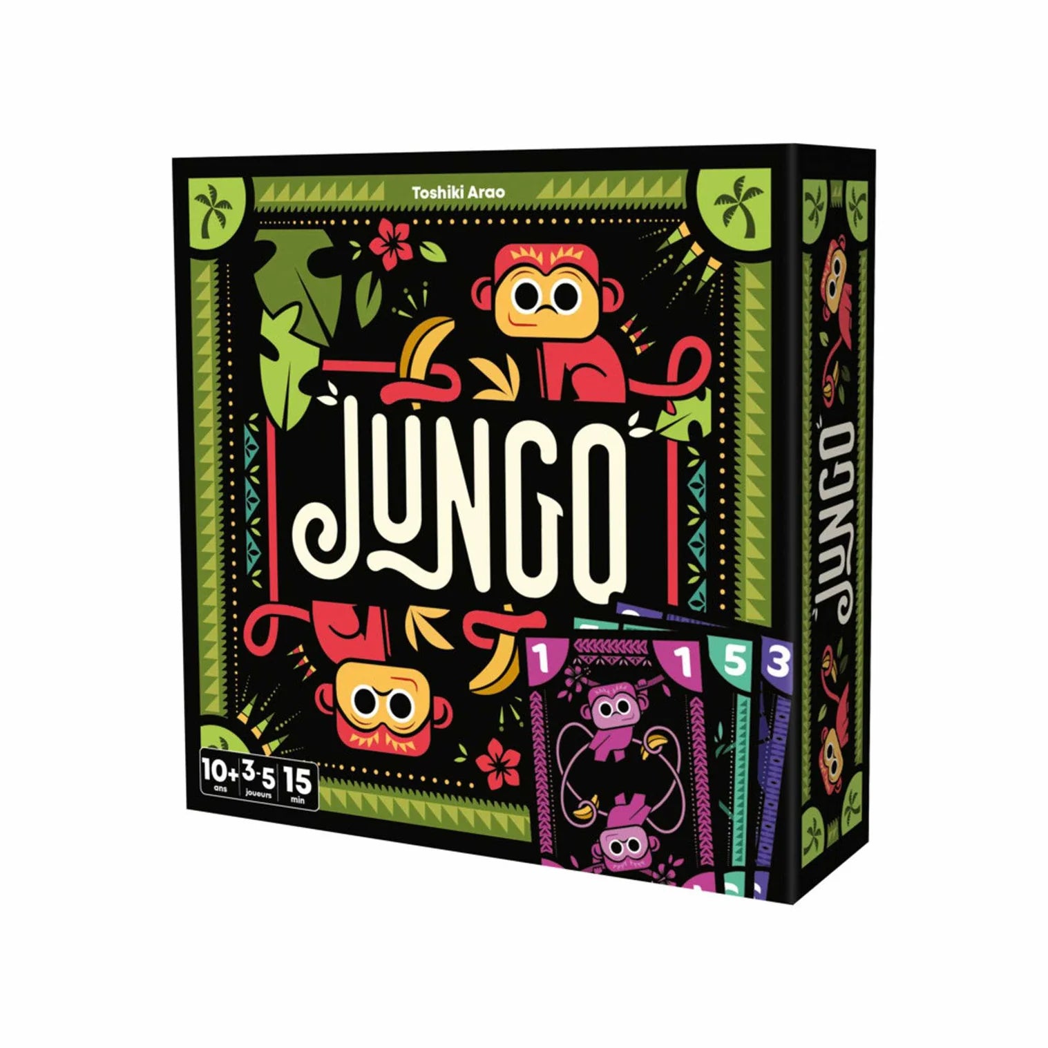 Board game box titled 'Jungo' with colorful monkey illustrations on a black background