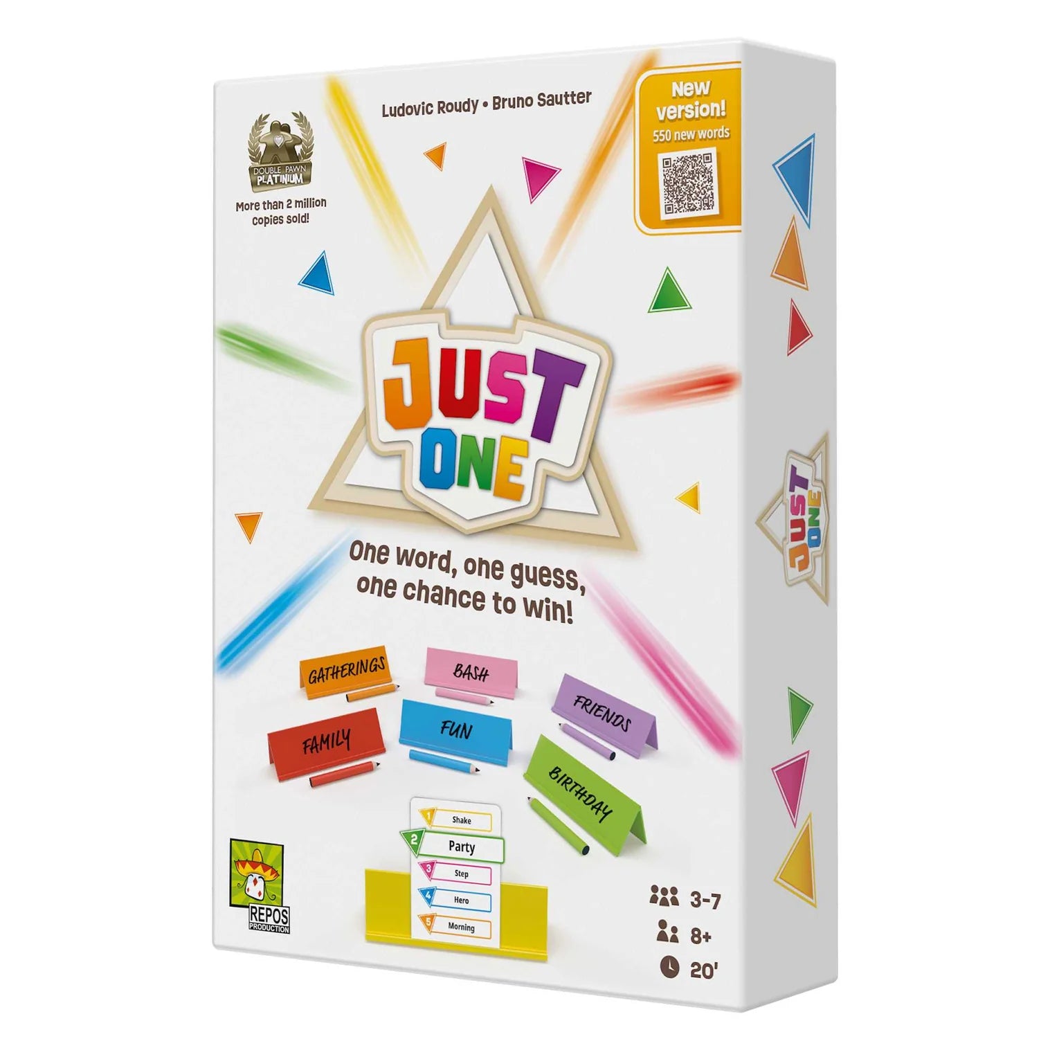 Board game box for 'Just One' with colorful text and graphics on a white background