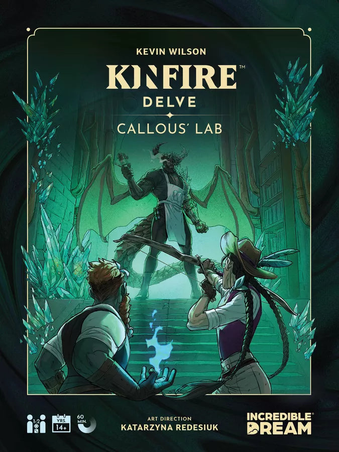 Cover of 'Knifefire Delve: Callous Lab' by Kevin Wilson with characters and a dragon illustration.