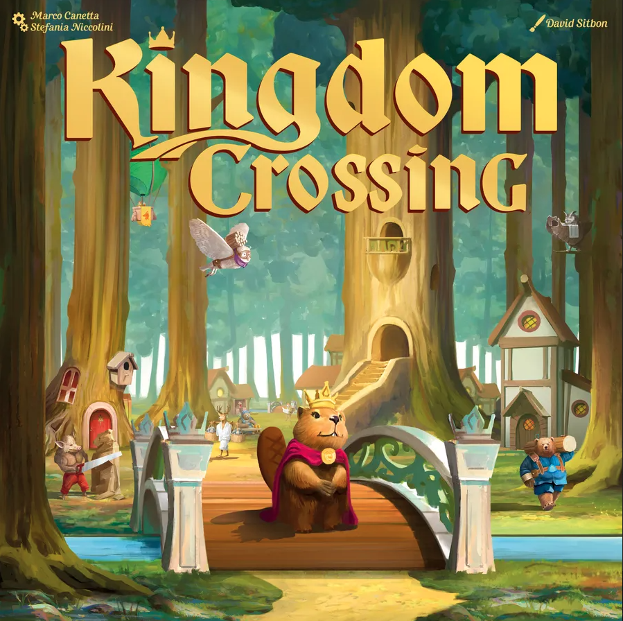 Cover of 'Kingdom Crossing' board game with a bear character and forest setting.