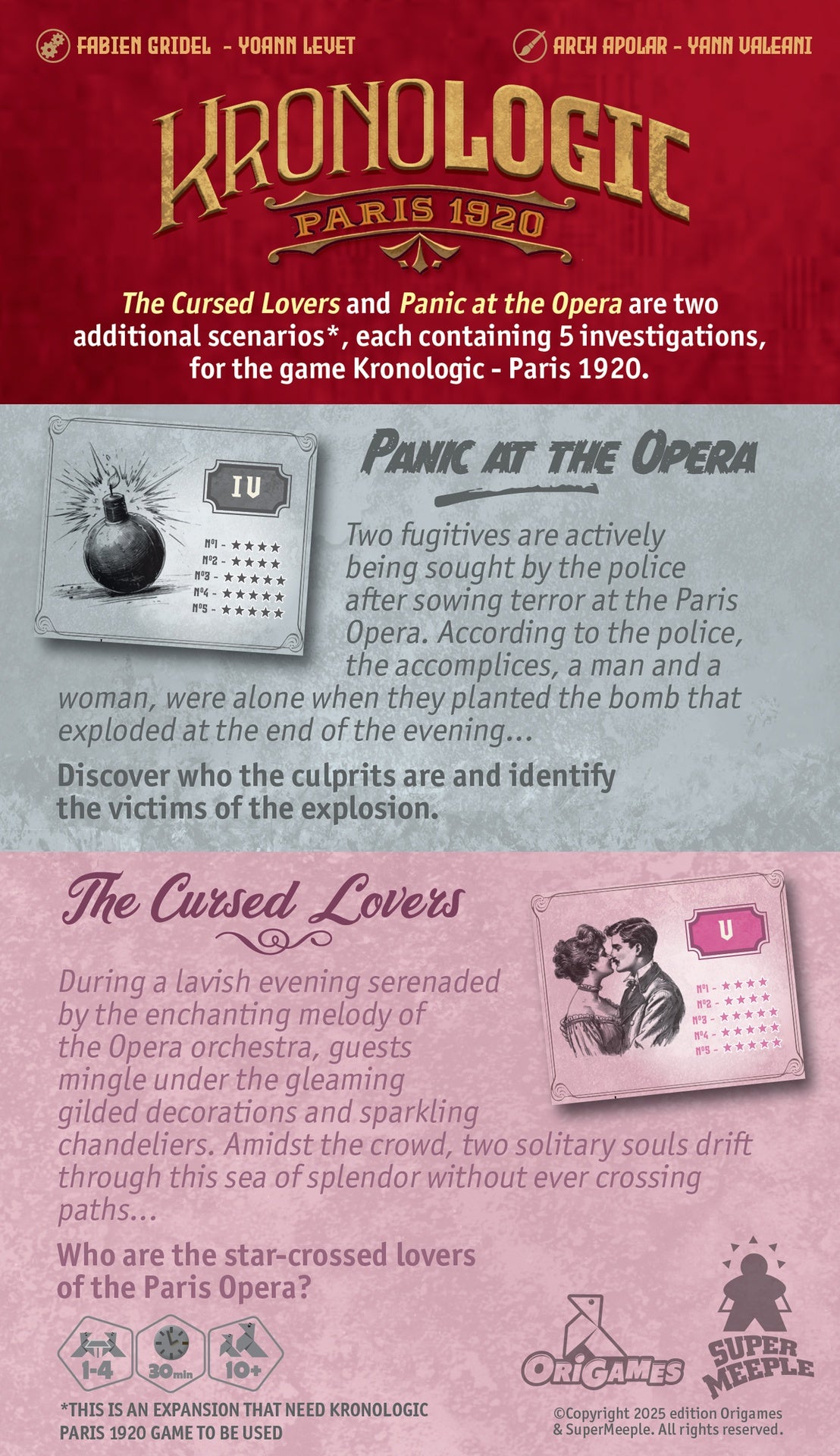 Kronologic Paris 1920 game expansion packaging with scenarios 'Panic at the Opera' and 'The Cursed Lovers'.