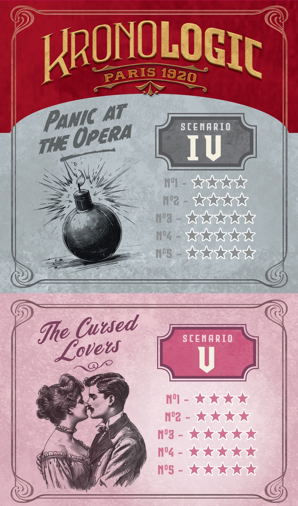 Vintage-style game card with 'Kronologic Paris 1920' branding and scenarios 'Panic at the Opera' and 'The Cursed Lovers'.