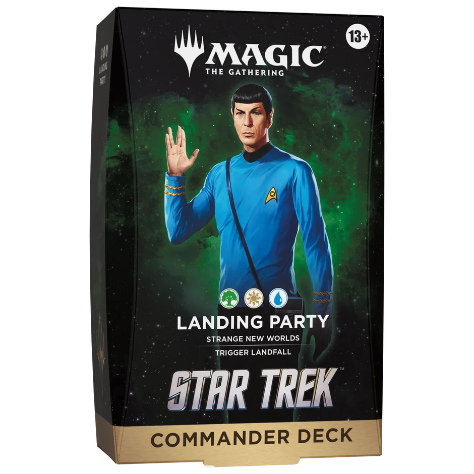 Magic: The Gathering Star Trek Landing Party Commander Deck box, featuring Captain Kirk in a blue uniform against a green starry space background.