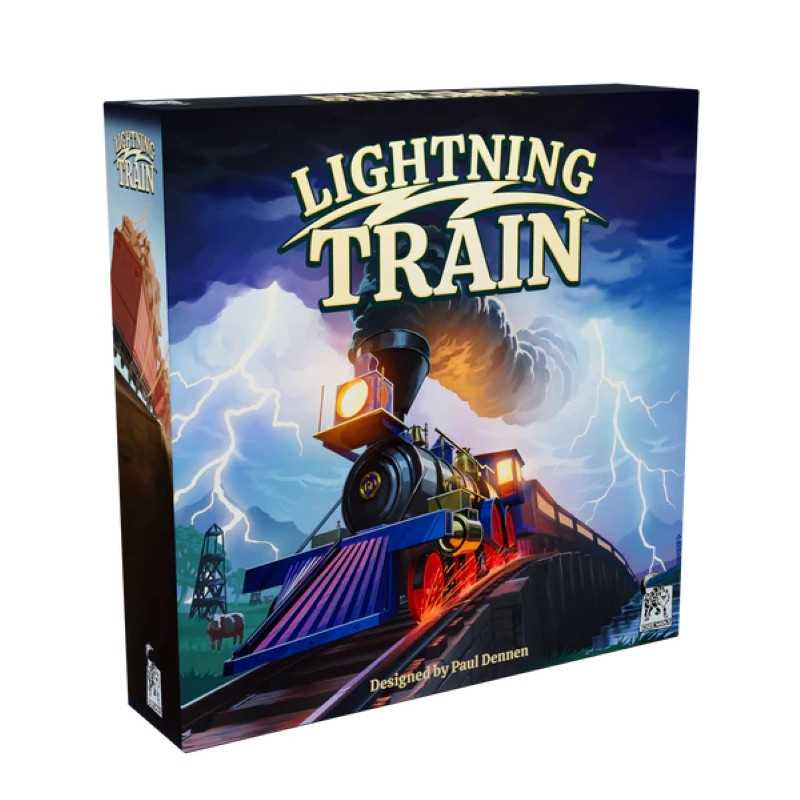 Board game box for 'Lightning Train' with a train and lightning design on the cover.