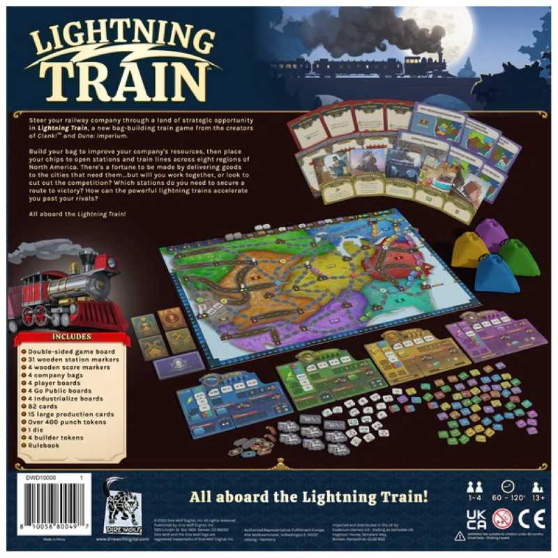 Board game packaging for 'Lightning Train' with game components displayed.