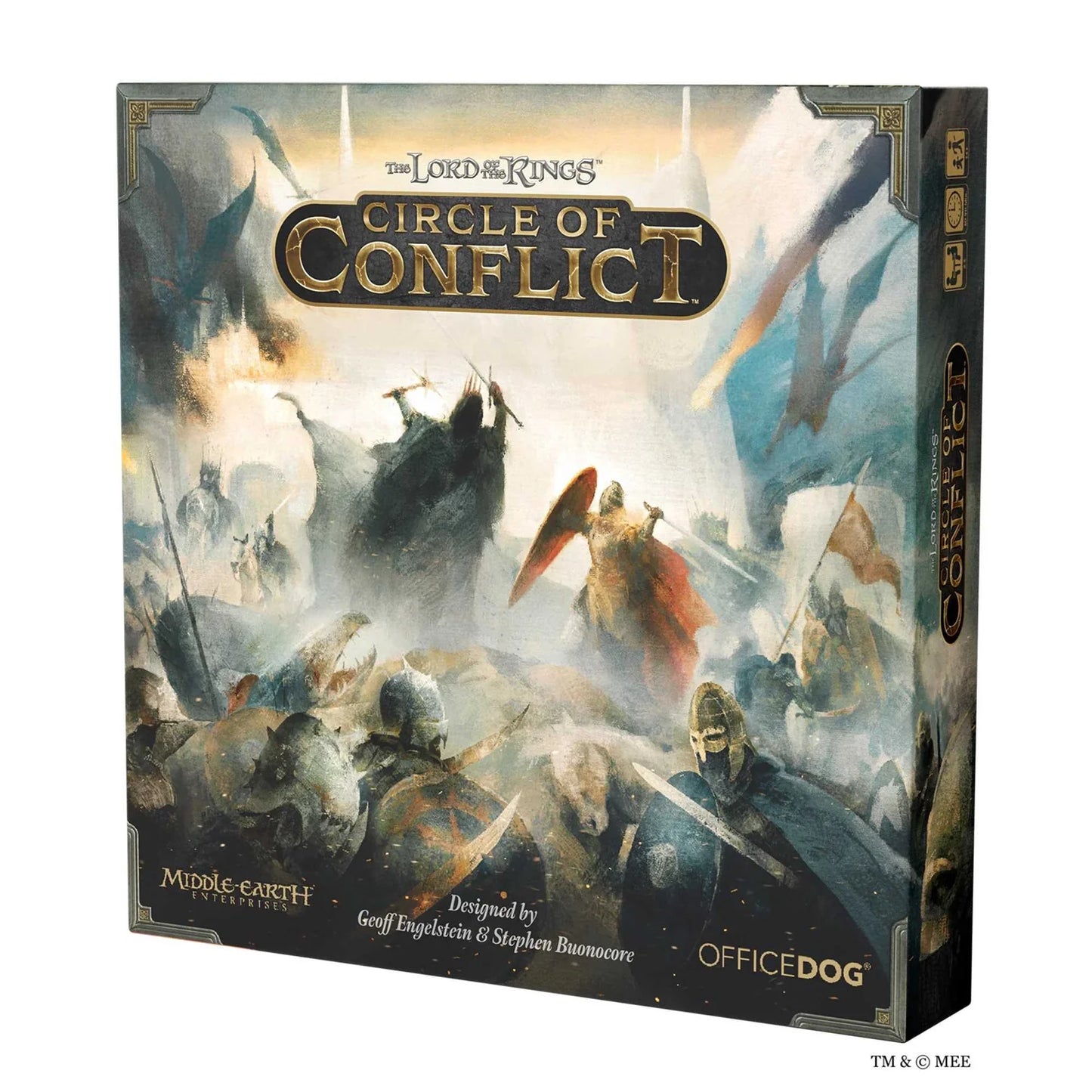 Board game box for 'The Lord of the Rings: Circle of Conflict' with warrior illustrations on a white background.