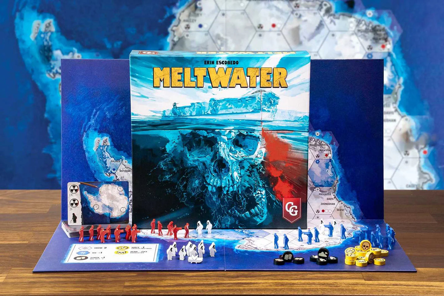 Board game set with 'Meltwater' title and game pieces on a wooden surface
