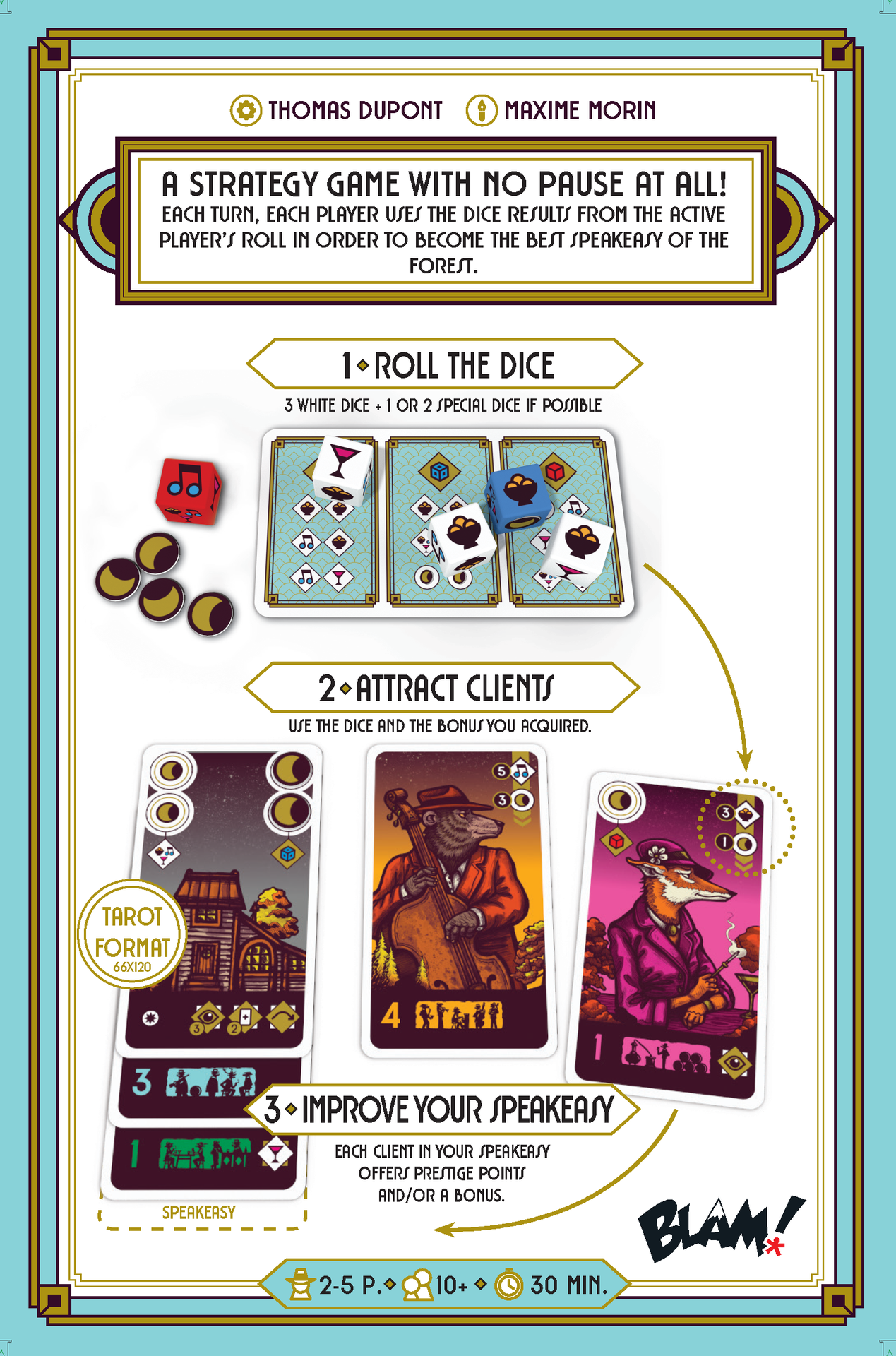 Card game packaging with dice and cards, featuring 'Blam!' branding.