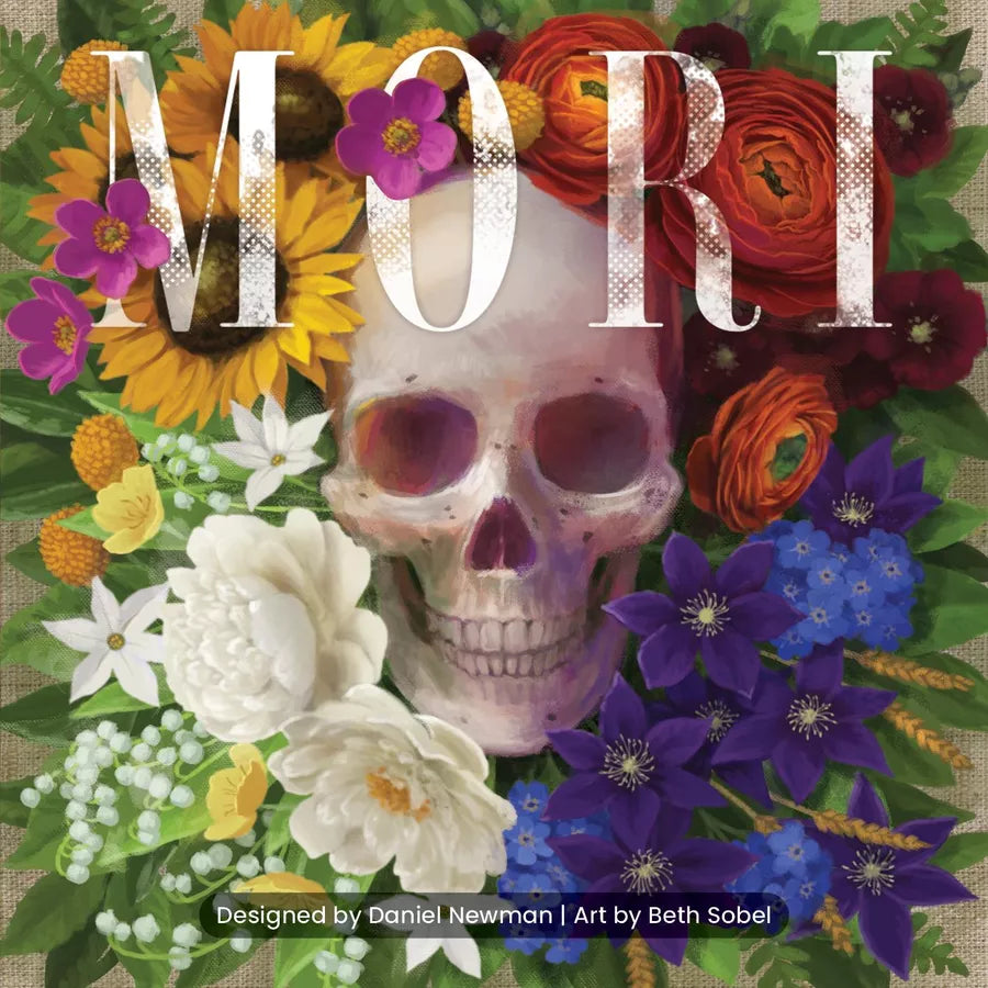 Book cover with skull and colorful flowers, featuring the text 'Mori'.