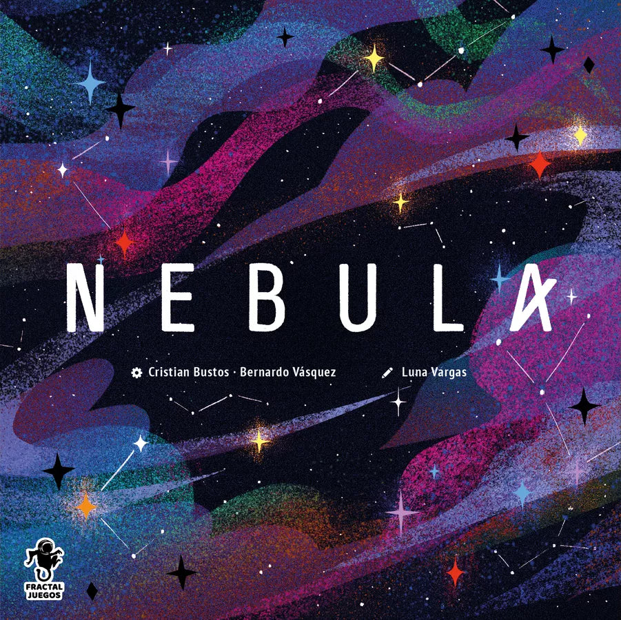 Board game box cover of 'Nebula' with colorful nebula design and star elements.