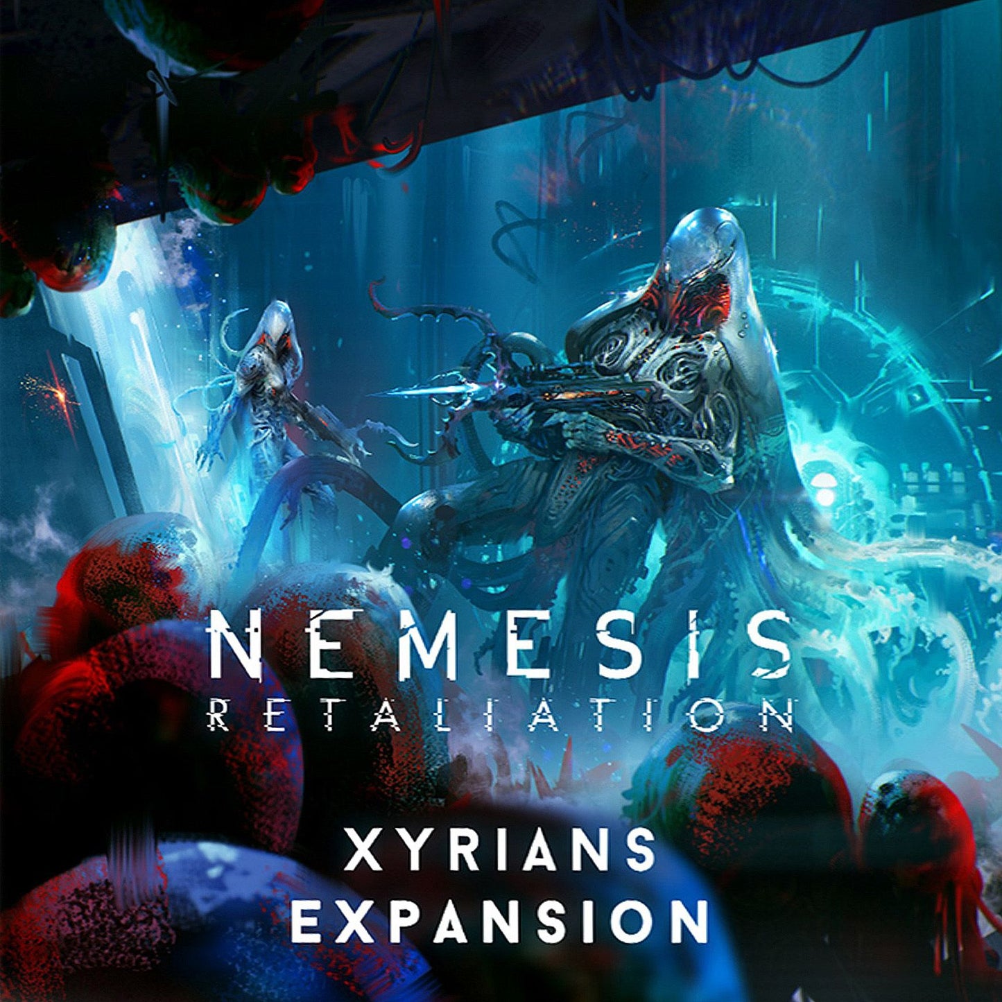 Cover of 'Nemesis Retaliation Xyrians Expansion' with futuristic characters and text.
