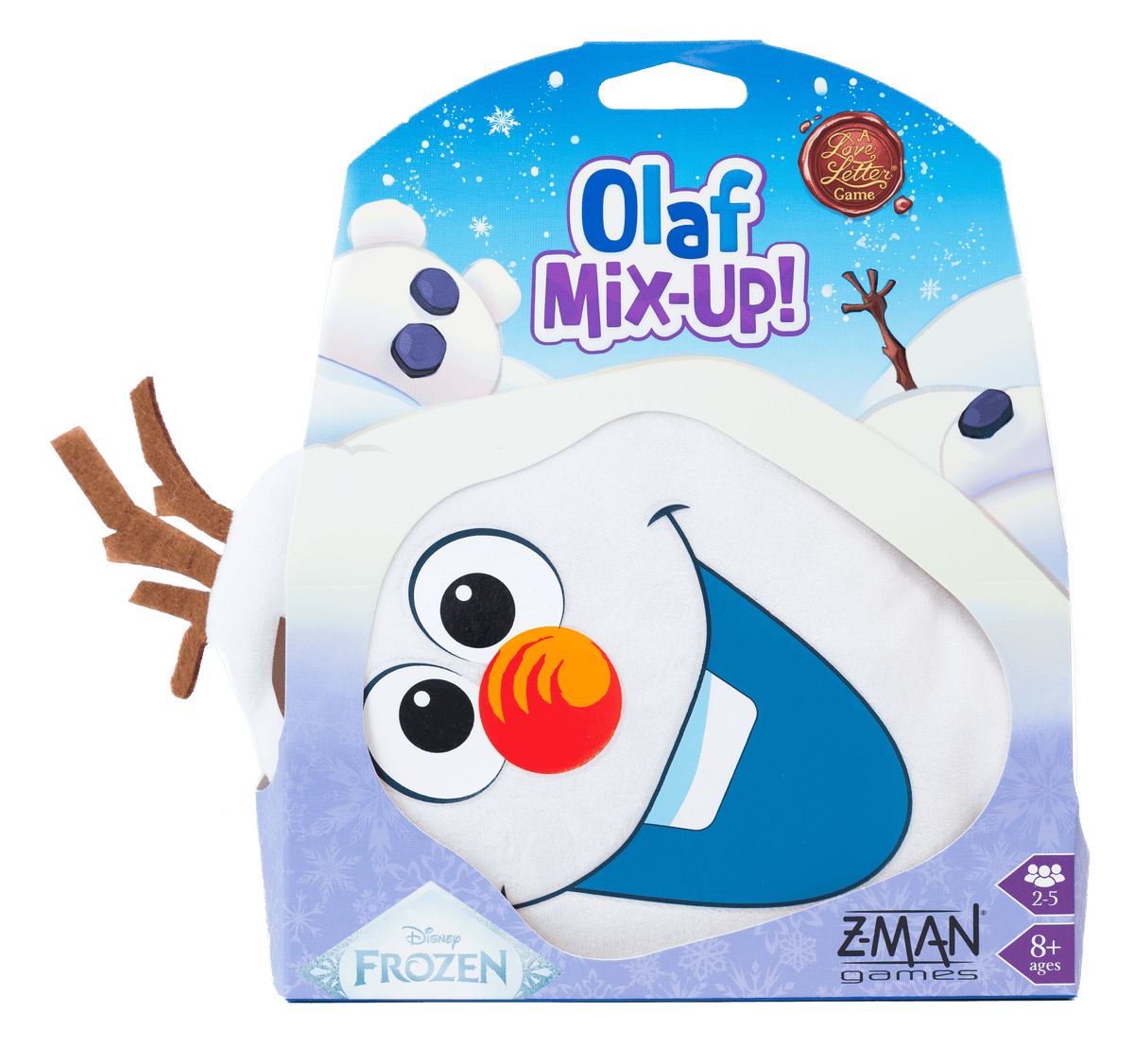 Disney Frozen Olaf Mix-Up costume accessory kit by Zman Games, featuring a white fabric Olaf face with a red and orange nose and brown twig arms, attached to a blue printed retail card.
