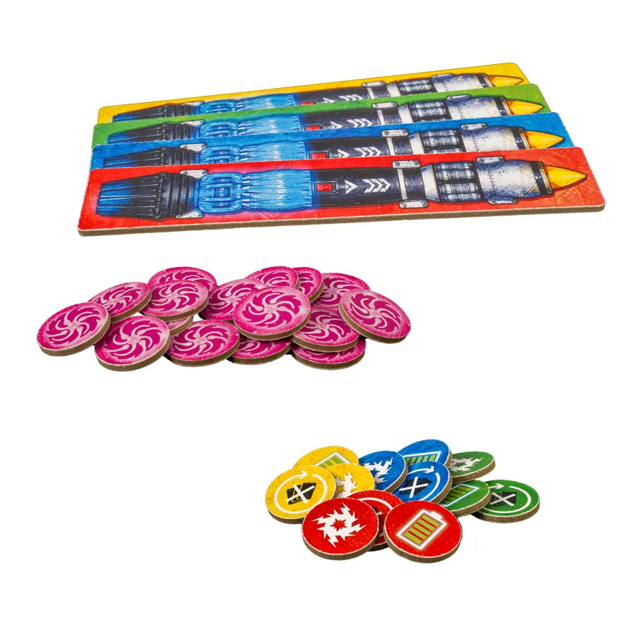 Board game components including colorful cards and round tokens on a white background