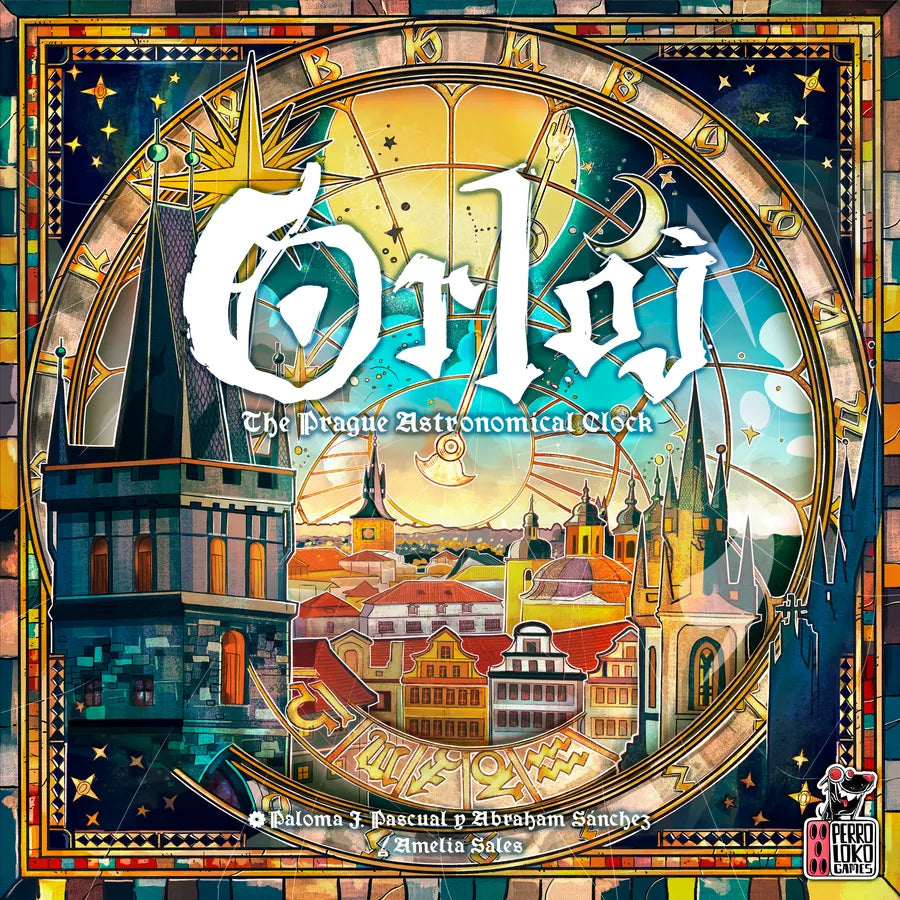 Board game box for 'Orloj: The Prague Astronomical Clock' with colorful design and clock illustration.