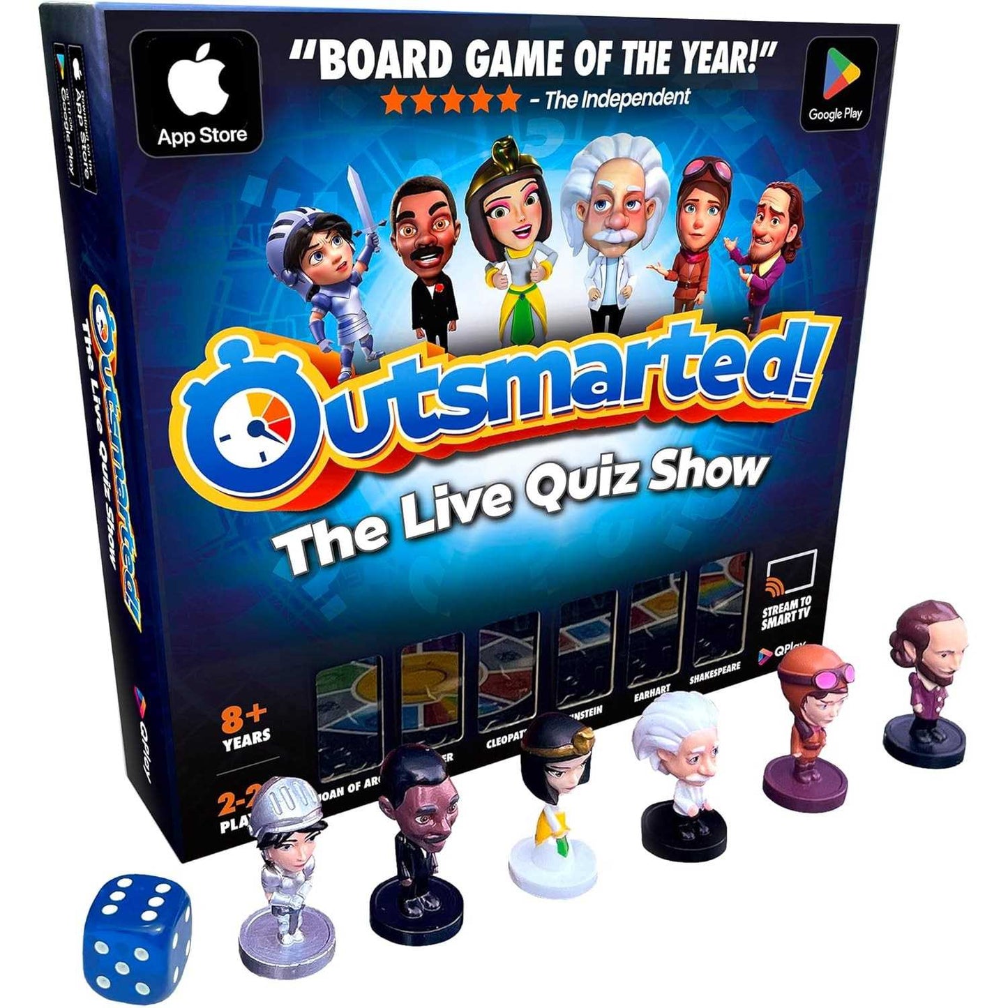 Outsmarted! board game packaging with character figures and dice on a white background