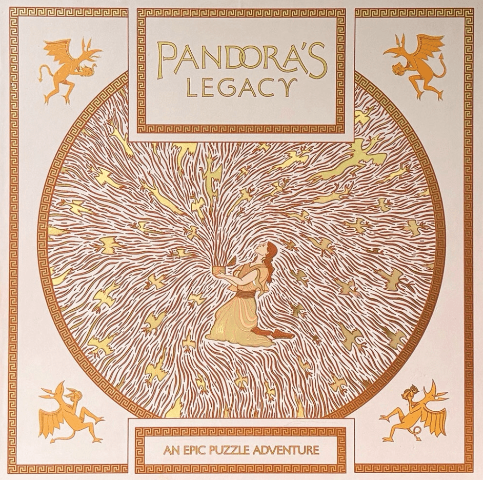 Cover of 'Pandora's Legacy' with a central illustration of a woman and winged creatures, surrounded by decorative elements.