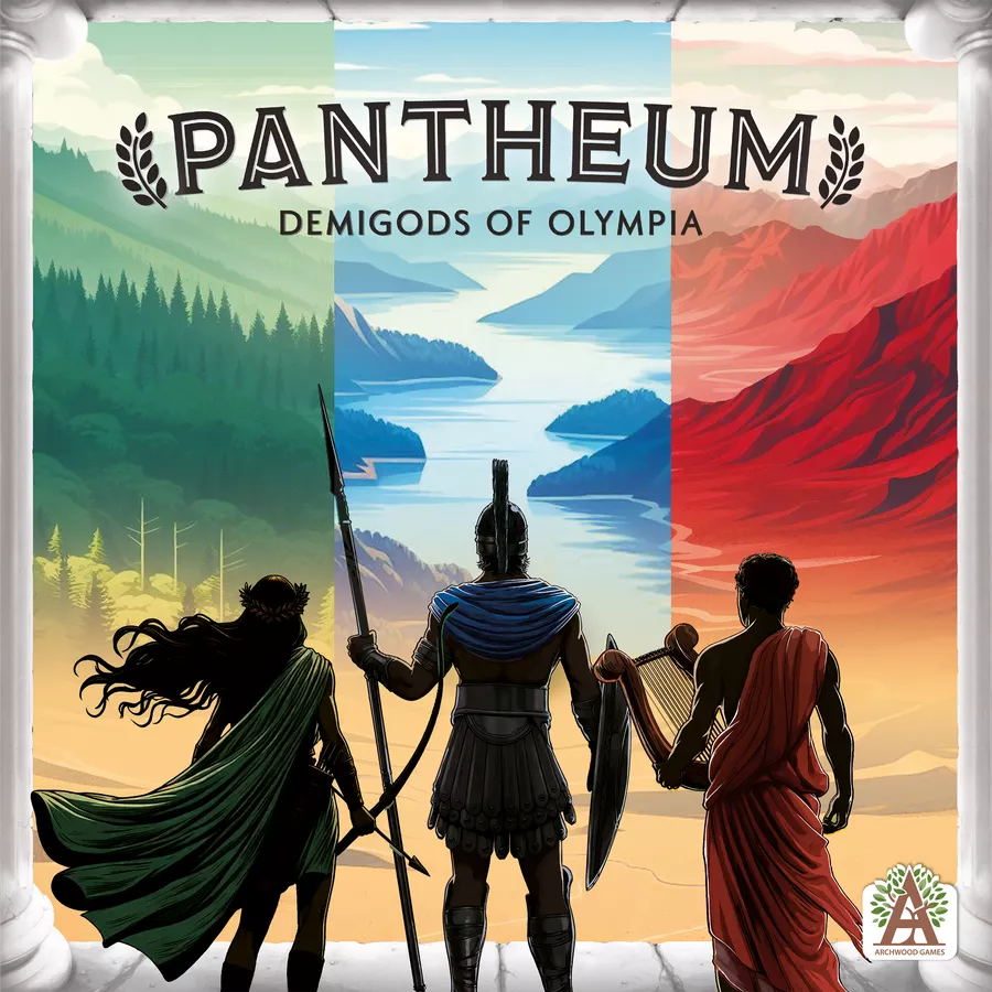 Board game cover titled 'Panthemum: Demigods of Olympia' with three characters and a scenic background.