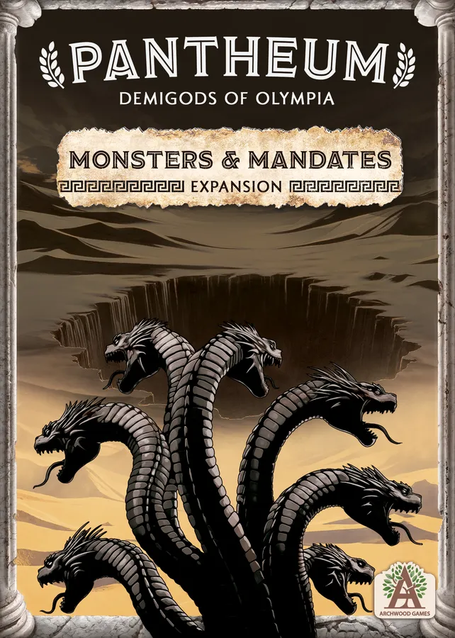 Pantheum: Demigods of Olympia Monsters & Mandates expansion box with serpent design.