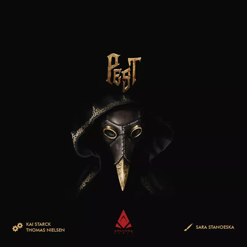 Plague doctor mask with 'Pest' text on a dark background