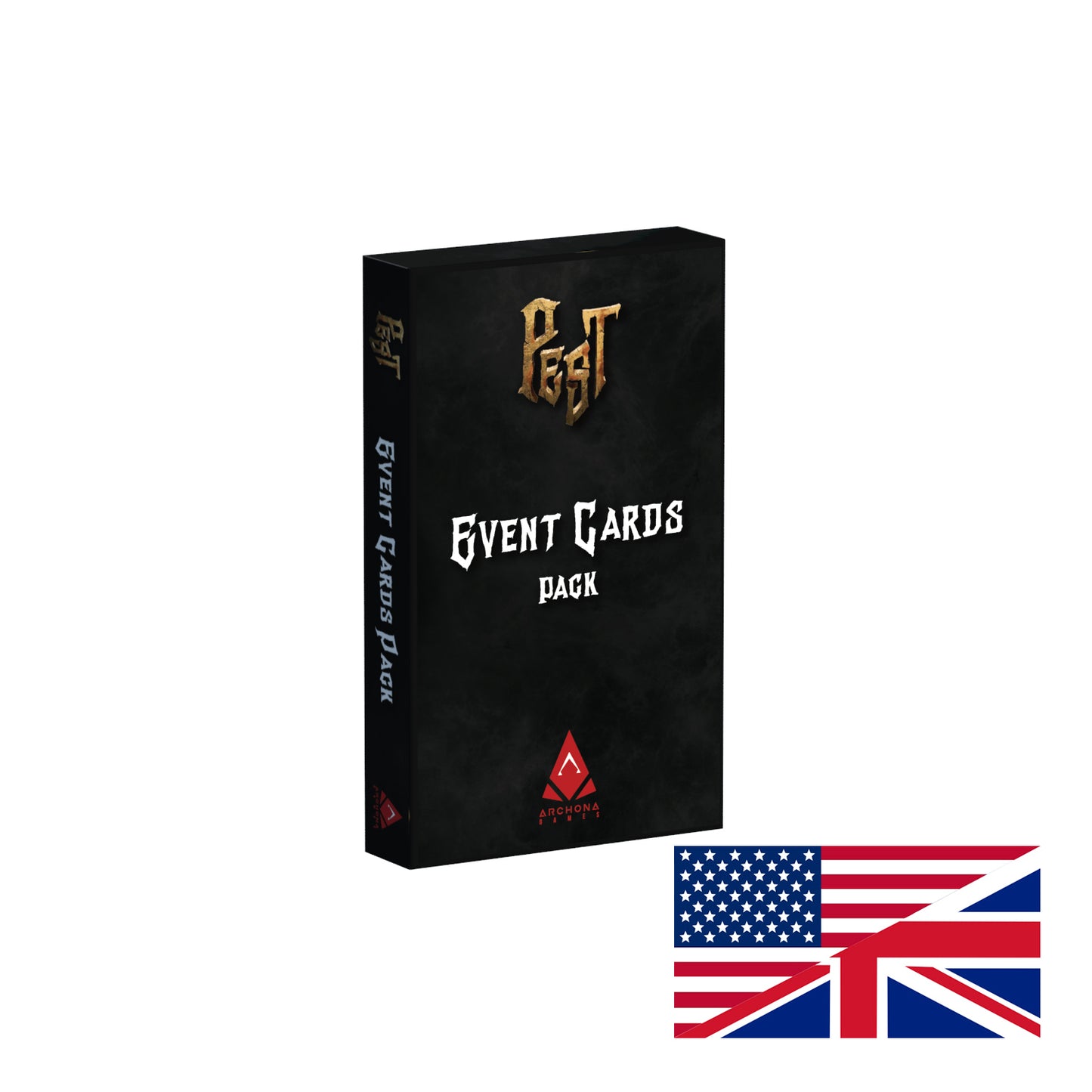 Black card pack with gold and red text on a white background, featuring the American and British flags.
