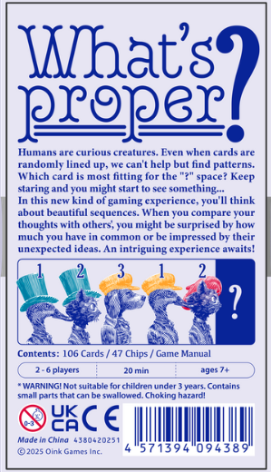 Card game packaging titled 'What's Proper?' with colorful cards and text.