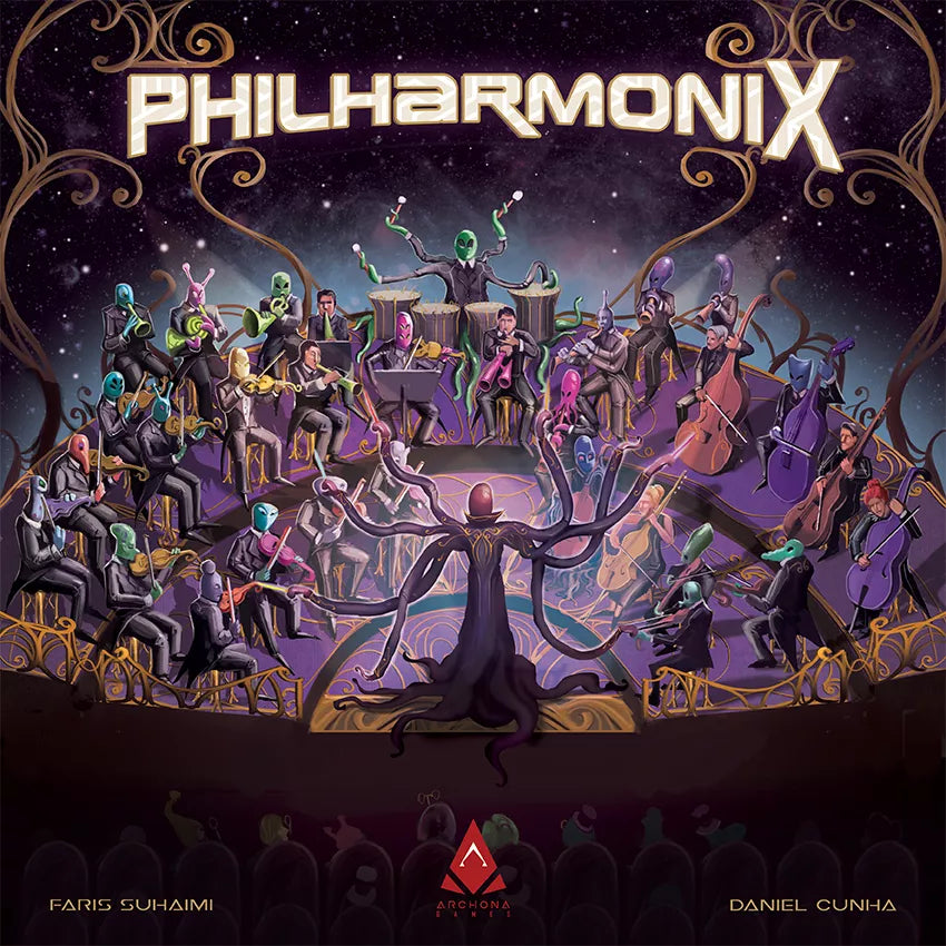 Album cover for 'Philharmonix' featuring a stylized orchestra and conductor.