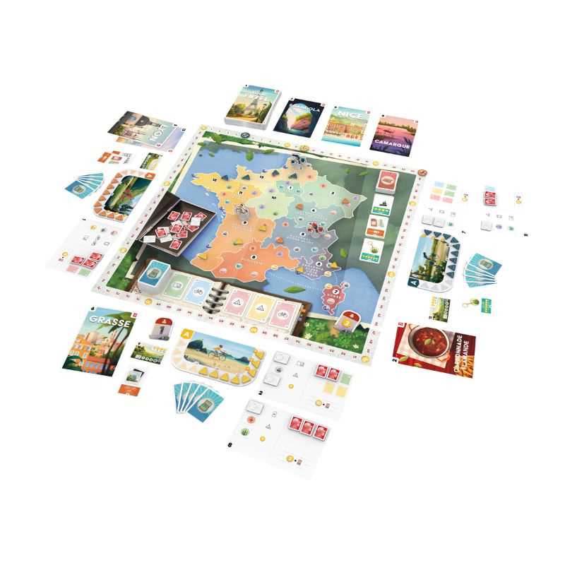 Board game components including a map of France and various cards on a white background