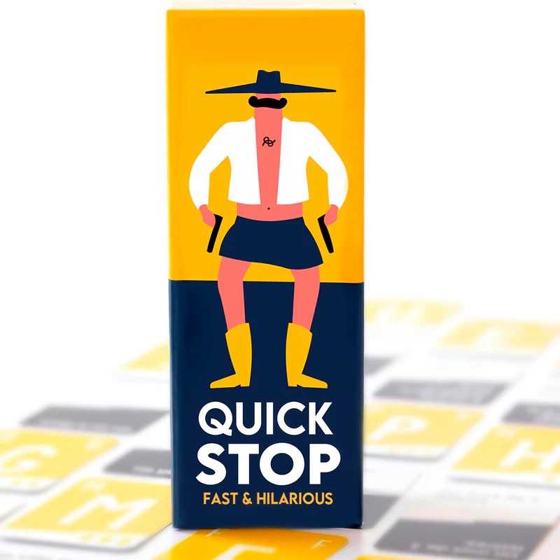 Card game box with illustration of a person wearing a hat and boots, labeled 'Quick Stop'.