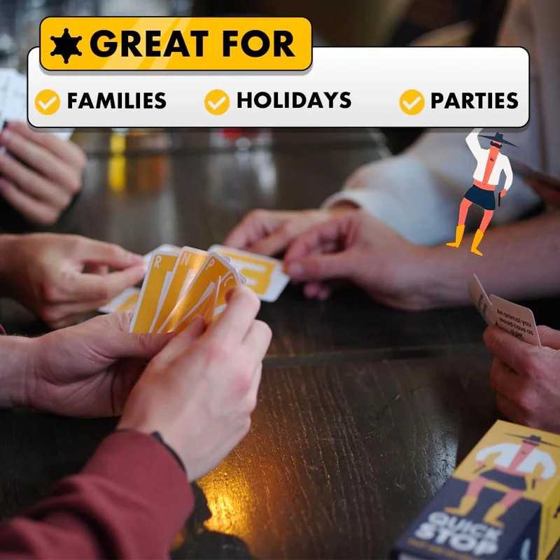 People playing cards around a table with text indicating suitability for families, holidays, and parties.