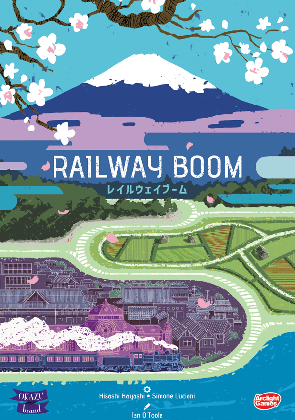 Illustrated book cover for 'Railway Boom' featuring a stylized landscape with a snow-capped mountain, flowering cherry branches, fields, and train tracks in blue, green, purple, and pink tones.