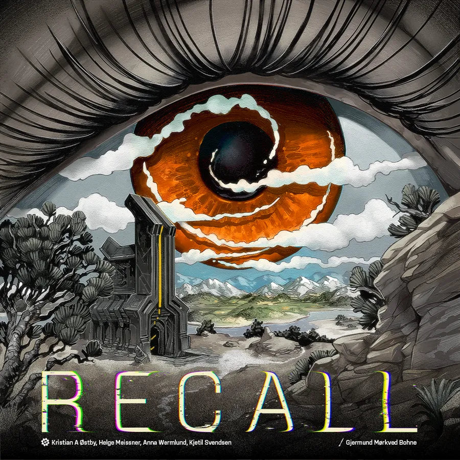 Artistic cover with an eye-like design and landscape, featuring the word 'RECALL'.