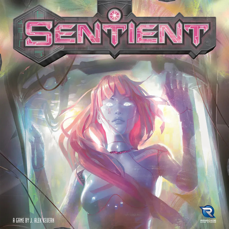 Board game cover titled 'Sentient' featuring a robot with red hair and a futuristic design.