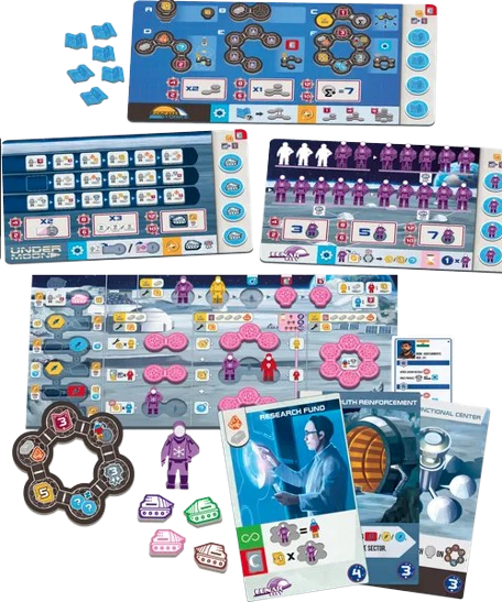 Collection of board game components including cards, pieces, and a board on a white background