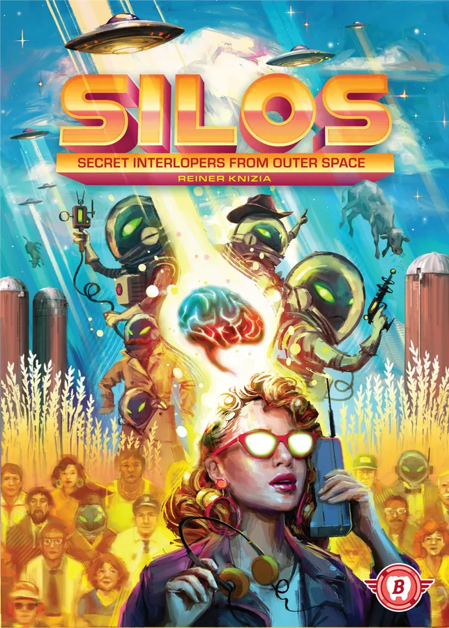 Book cover of 'Silos: Secret Interlopers from Outer Space' with futuristic elements and a woman on a phone.