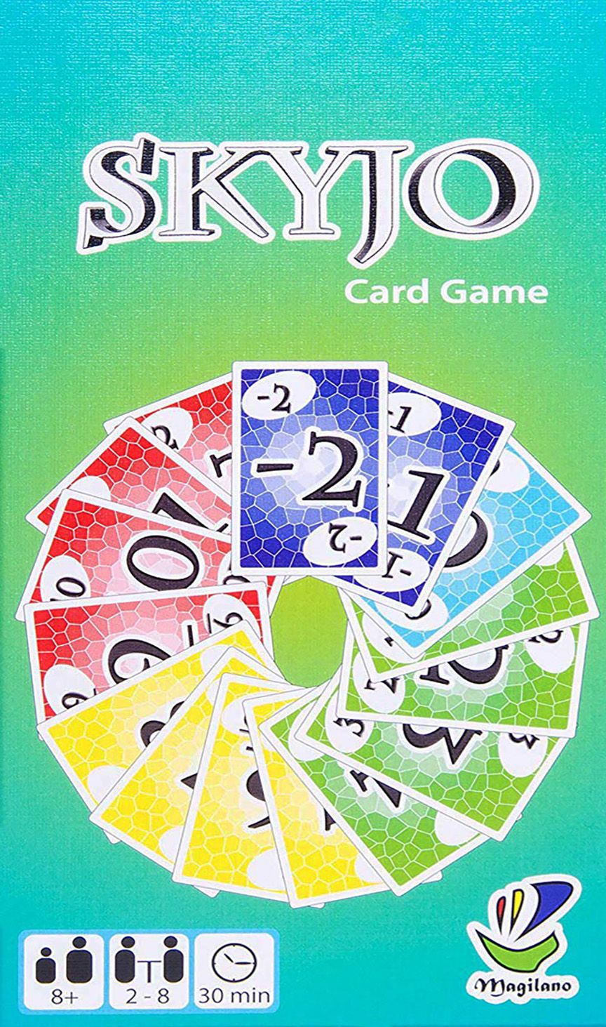 SKYJO card game packaging with colorful cards on a gradient blue and green background