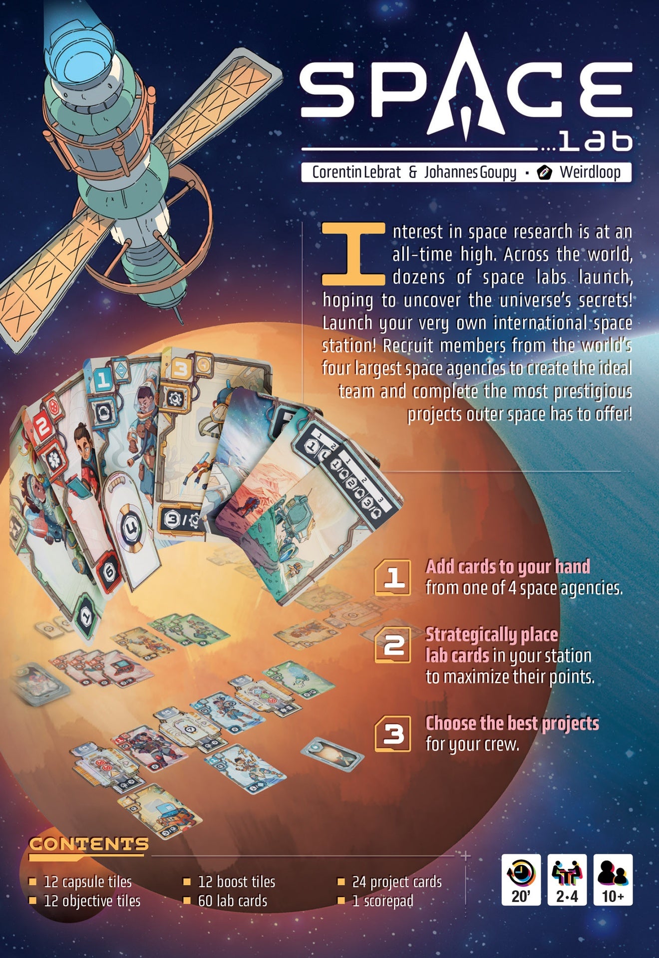 Space-themed board game with cards and a spaceship illustration on a space-themed background.