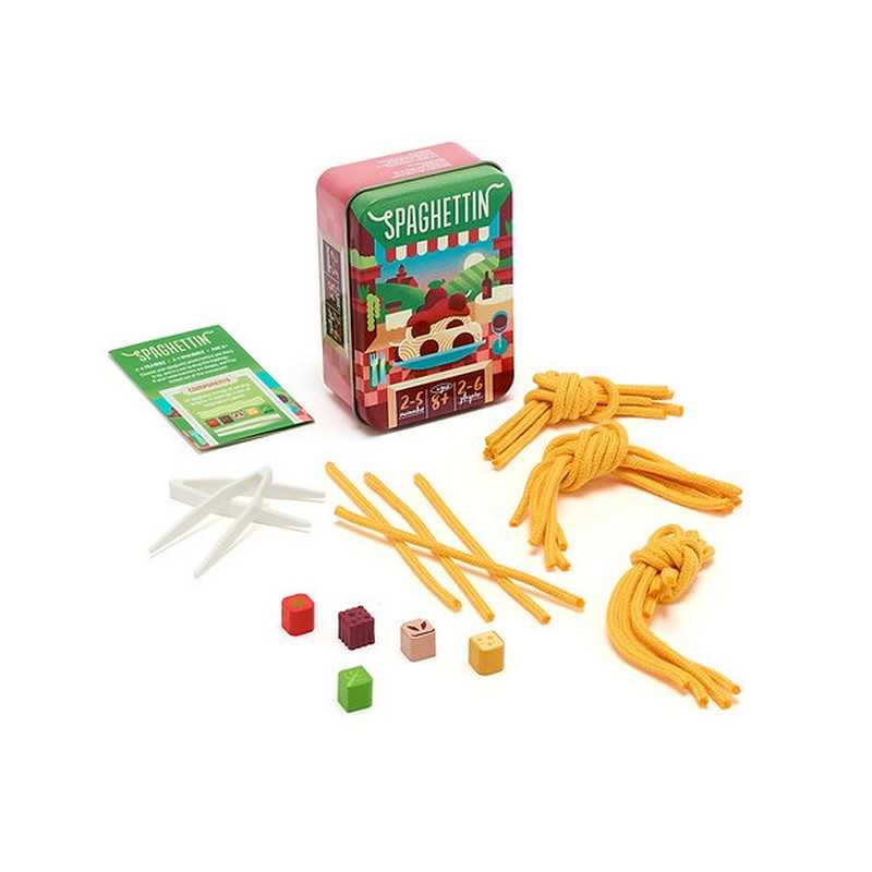 Spaghettiini children's toy set with a pink and green metal tin, yellow spaghetti strands, white plastic forks, and small colored blocks on a white background.