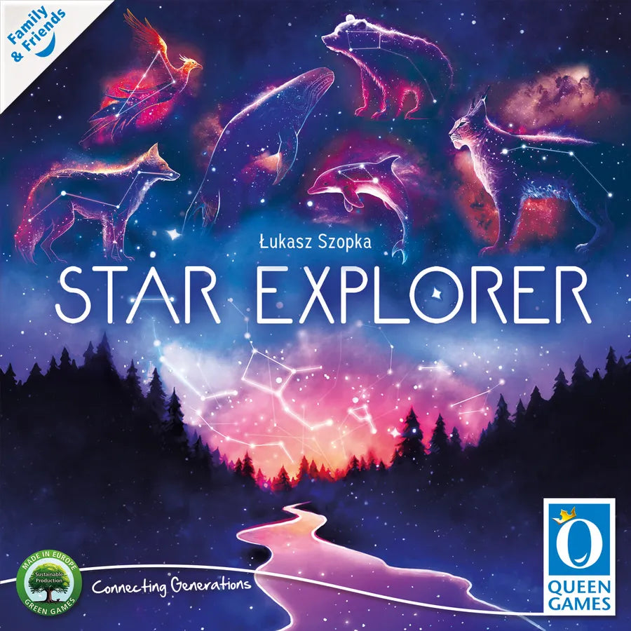 Board game cover of 'Star Explorer' by Queen Games with cosmic designs and animal constellations.
