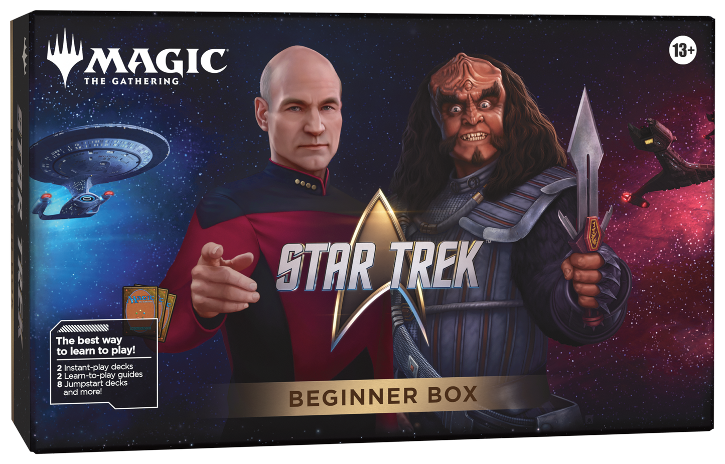 Magic: The Gathering Star Trek Beginner Box board game package, featuring Captain Picard and a Star Trek crewmate on a starry space background with spacecraft and the Star Trek logo.