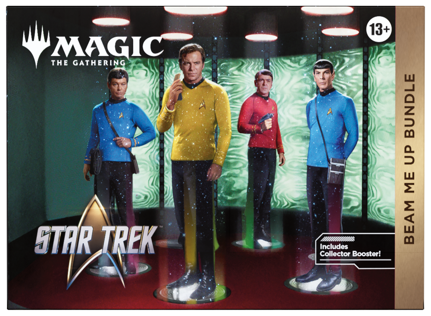 Magic: The Gathering Star Trek 'Beam Me Up Bundle' trading card box art, featuring four Star Trek crew members in blue, yellow, red, and dark uniforms standing in a corridor, with Magic: The Gathering branding and a Star Trek logo.