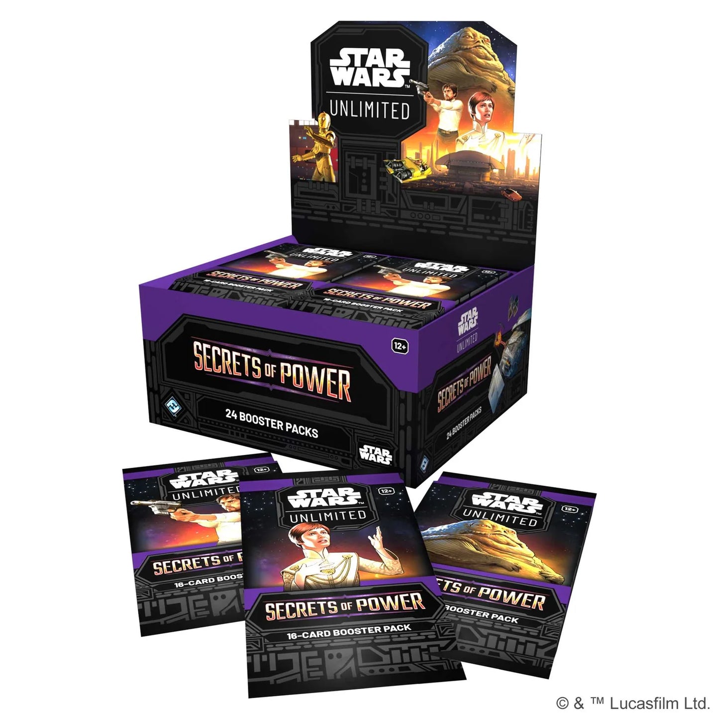 Star Wars Unlimited 'Secrets of Power' trading card game booster packs on a white background