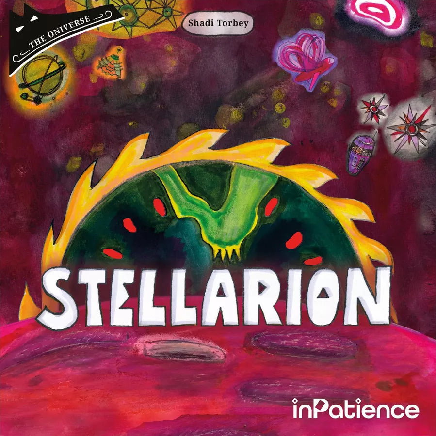 Children's book cover for 'Stellarion' by Shadi Torbey, published by inPatience. The cover features a colorful, whimsical illustration of a green creature with yellow flames and red accents against a dark purple cosmic background with floating organic shapes.