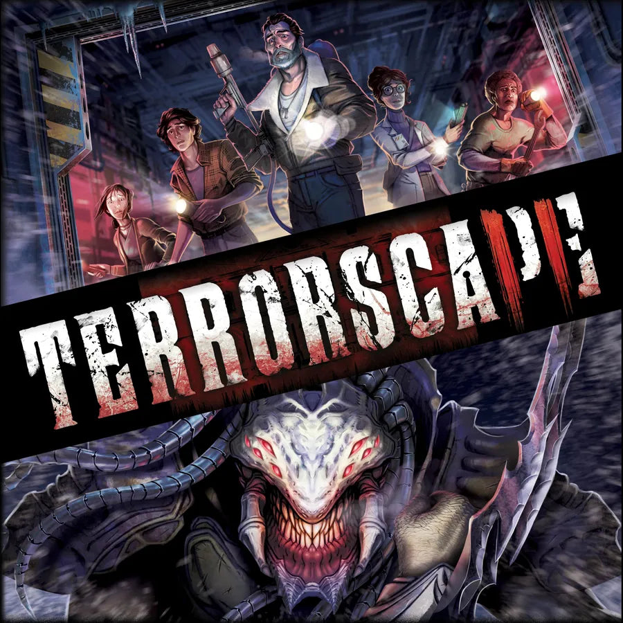 Cover of 'Terrorscape' with characters and a creature, featuring the game's title.