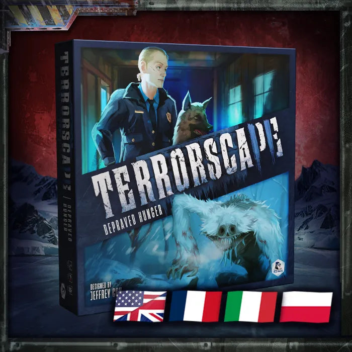 Terrorscape: Depressed Hunter board game box shown at an angle, featuring artwork of a police officer and a dog in a dark blue scene with a snowy creature below. The box is set against a dark red textured background with a distressed border, and small national flag icons appear along the bottom.