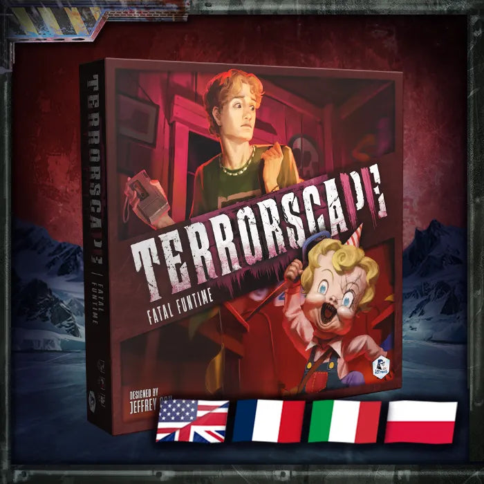 Terrorscape: Fatal Fortune board game box shown at an angle with a dark red illustrated background on the box art. The box features a woman in a red train carriage and a cartoon clown.