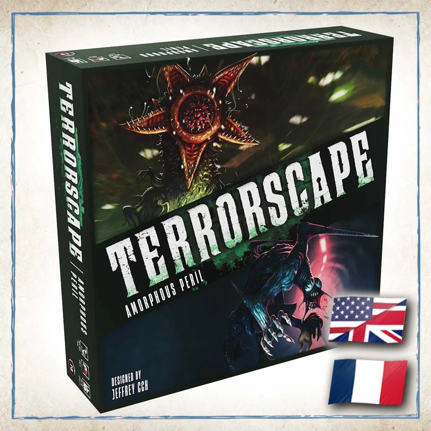 Board game box titled 'Terrorscape' with a dark cover featuring a star-like design and text.