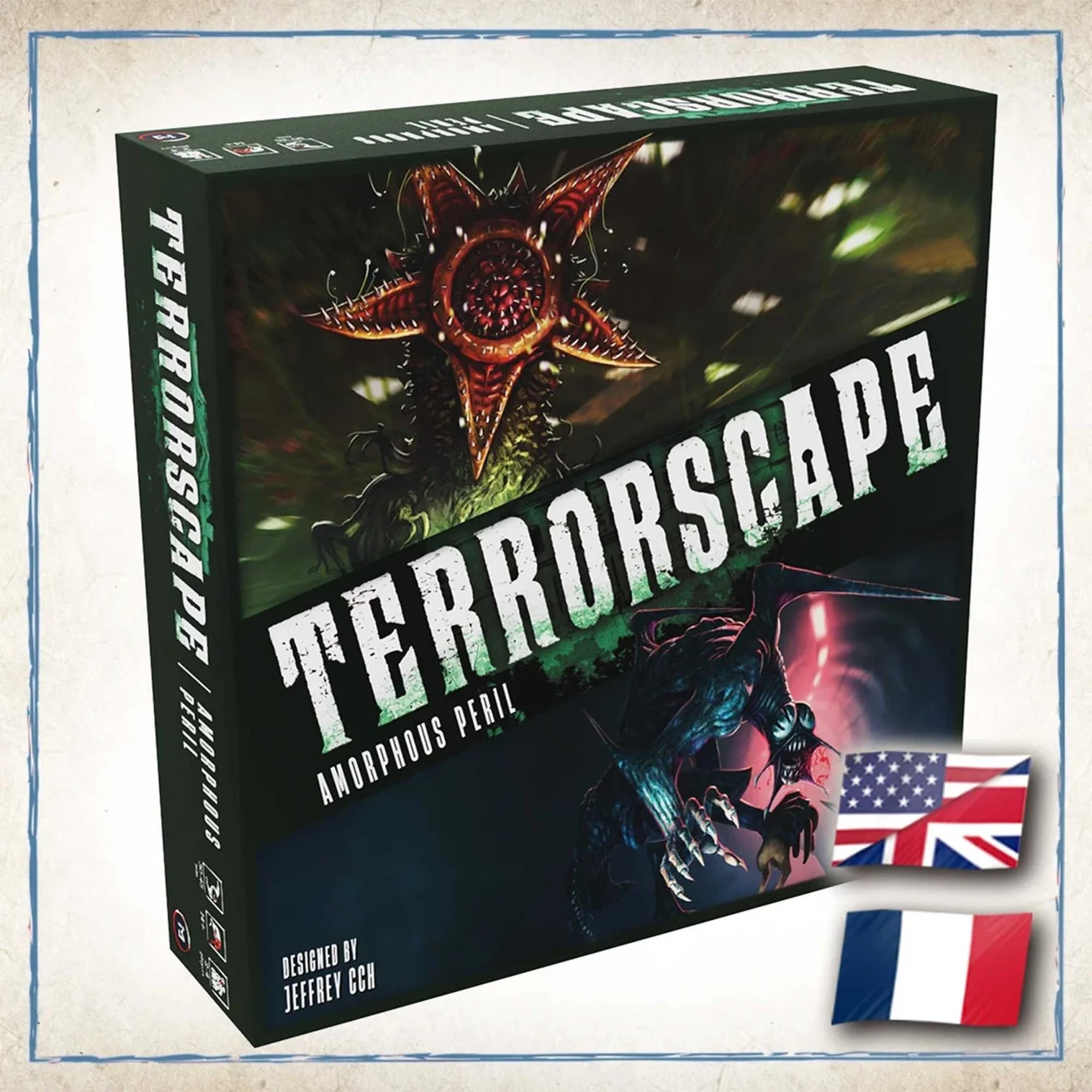 Board game box titled 'Terrorscape' with a dark cover featuring a star-like design and text.