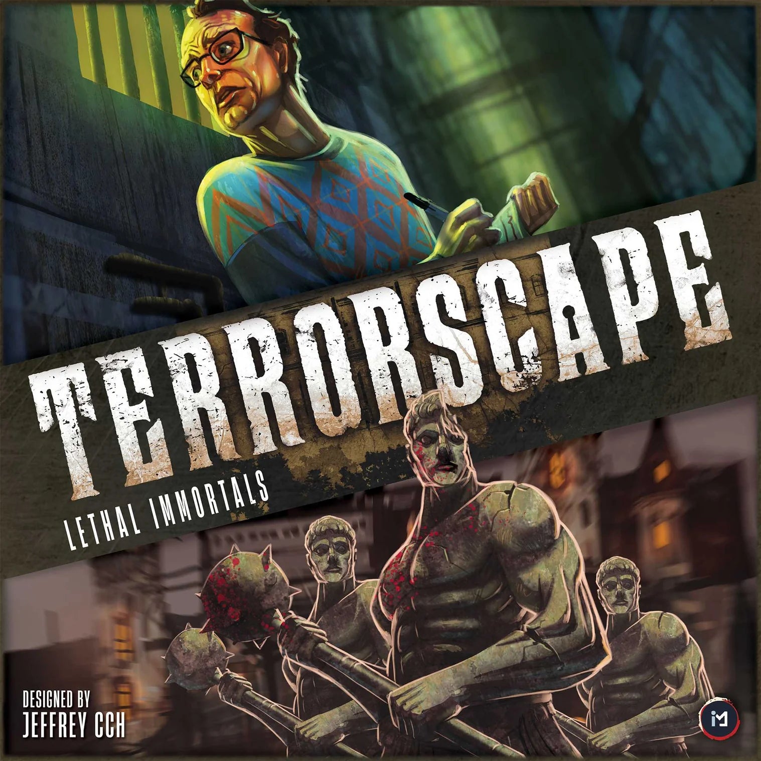 Cover of 'Terrorscape: Lethal Immortals' board game with characters and text.